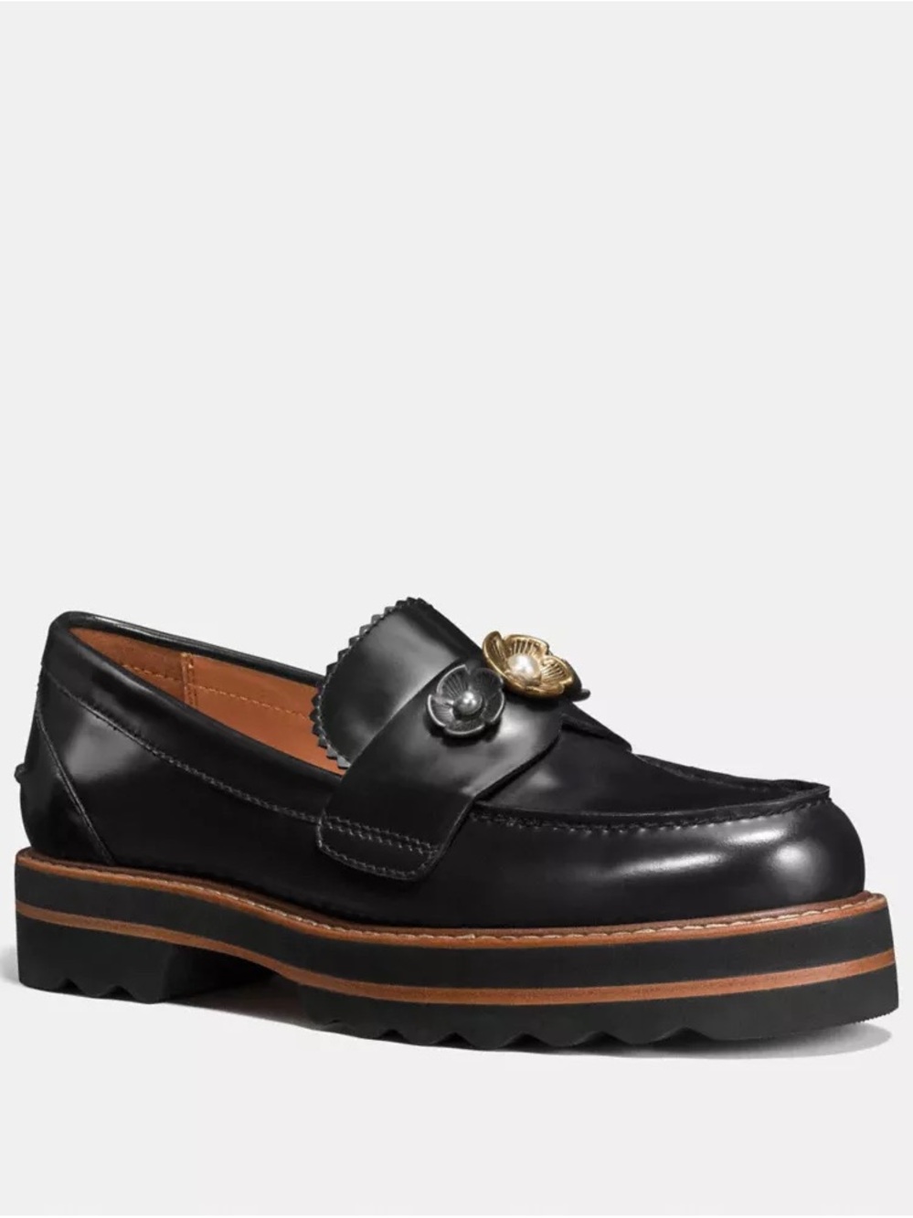 COACH Lenox Black Loafers Burgundy Shearling Insoles Floral Embellishment Size 9